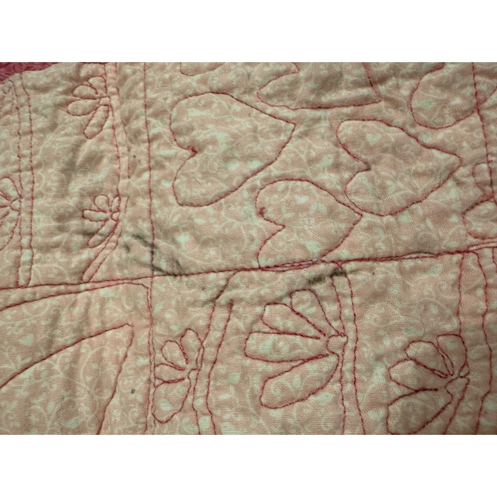 Handmade Pink Patchwork Quilt Cat Heart Floral Applique Nursery Blanket 44x44 - Picture 11 of 14